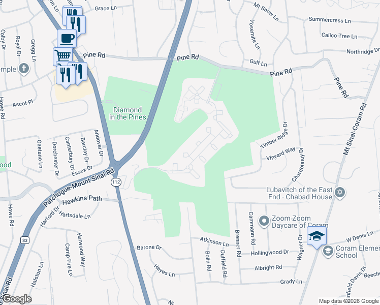 map of restaurants, bars, coffee shops, grocery stores, and more near 1 Avalon Pines Drive in Coram