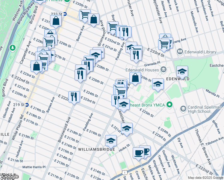 map of restaurants, bars, coffee shops, grocery stores, and more near 1014 East 226th Street in Bronx