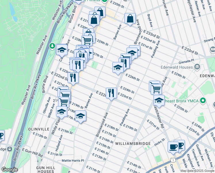 map of restaurants, bars, coffee shops, grocery stores, and more near 832 East 224th Street in The Bronx