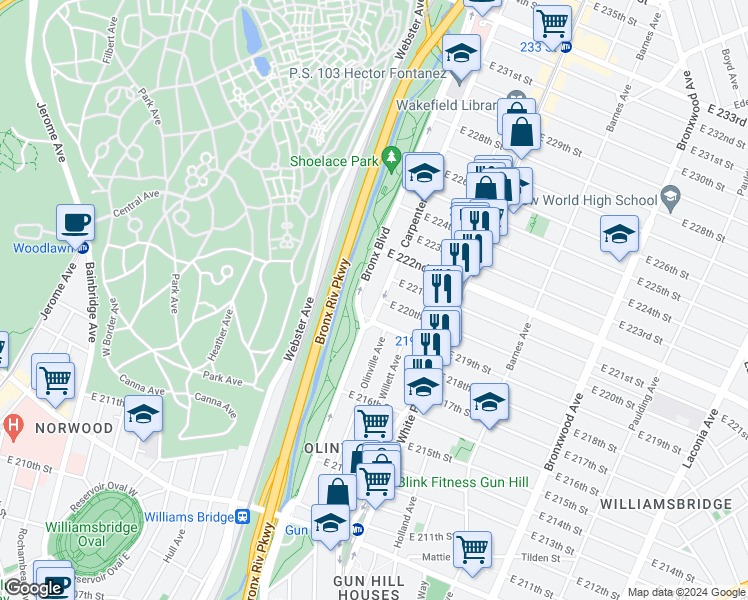 map of restaurants, bars, coffee shops, grocery stores, and more near in The Bronx