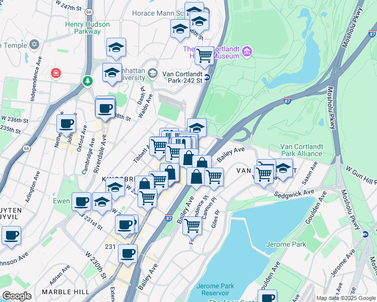 map of restaurants, bars, coffee shops, grocery stores, and more near 5805 Broadway in The Bronx