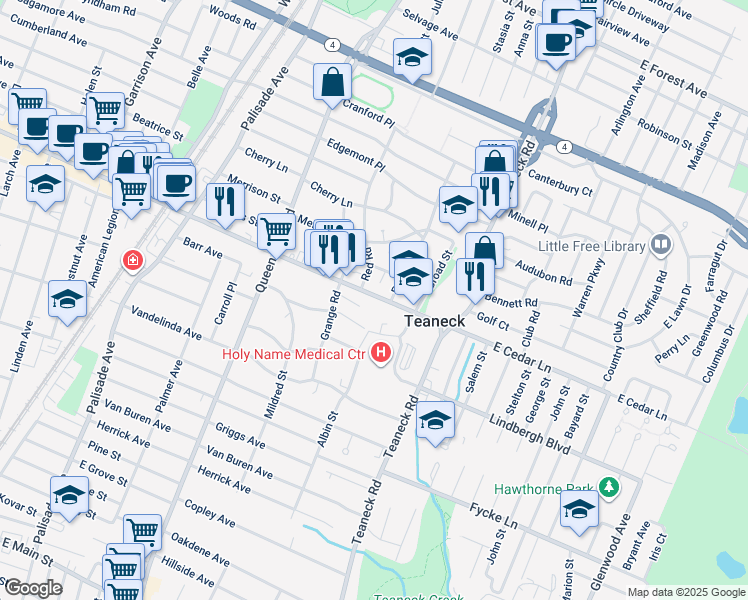 map of restaurants, bars, coffee shops, grocery stores, and more near 121 Cedar Lane in Teaneck