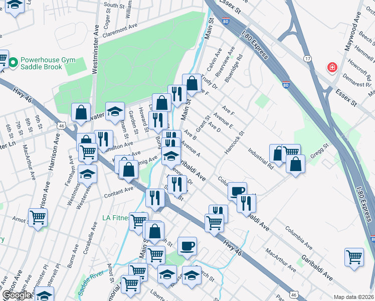 map of restaurants, bars, coffee shops, grocery stores, and more near 27 Avenue A in Lodi
