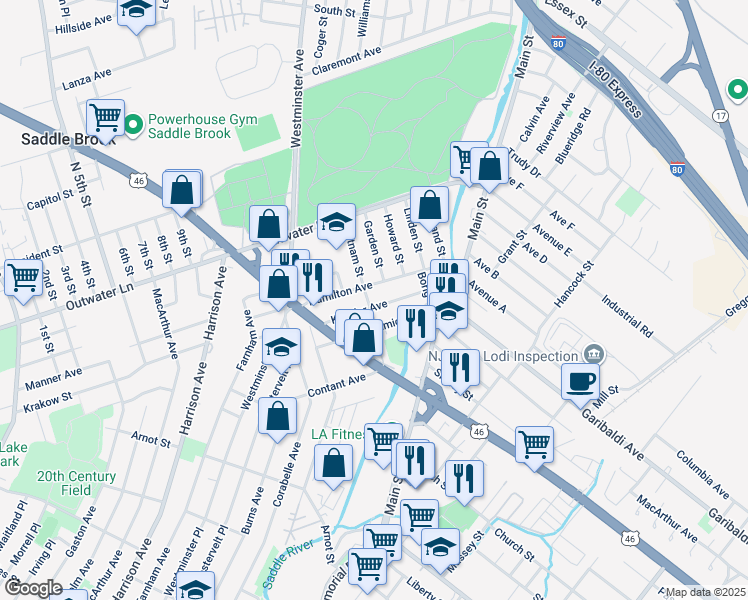 map of restaurants, bars, coffee shops, grocery stores, and more near 122 Hamilton Avenue in Lodi