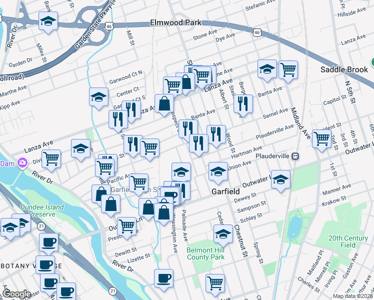 map of restaurants, bars, coffee shops, grocery stores, and more near 224 Semel Avenue in Garfield