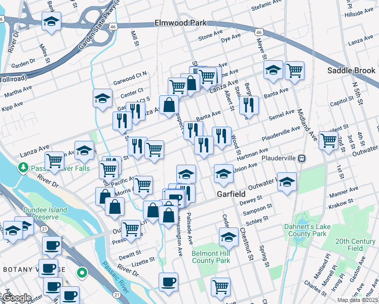 map of restaurants, bars, coffee shops, grocery stores, and more near 224 Semel Avenue in Garfield