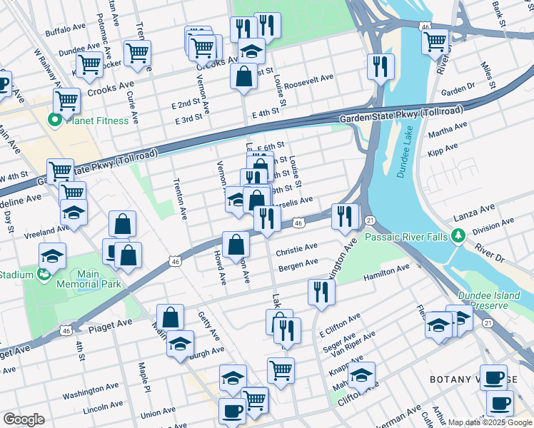 map of restaurants, bars, coffee shops, grocery stores, and more near 116 Merselis Avenue in Clifton