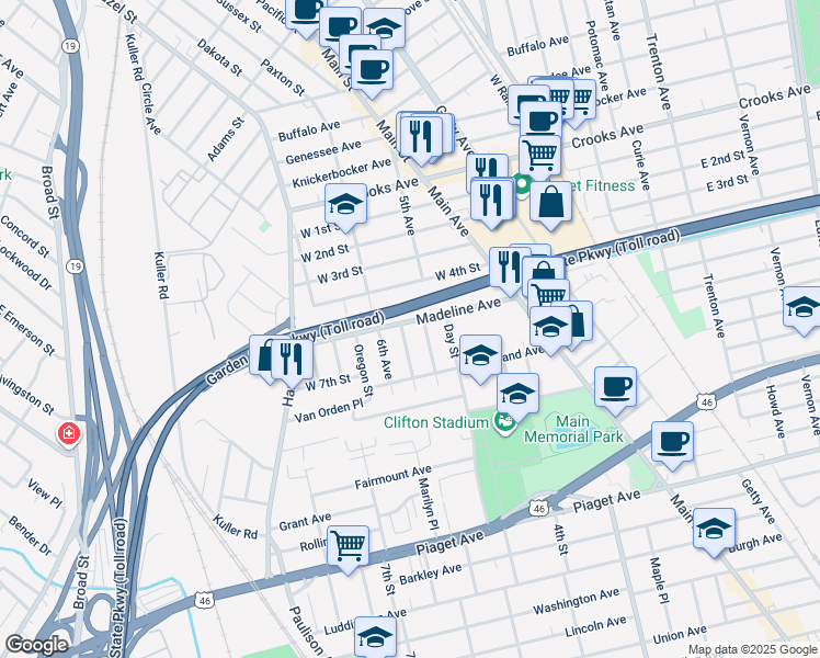 map of restaurants, bars, coffee shops, grocery stores, and more near 105 Madeline Avenue in Clifton