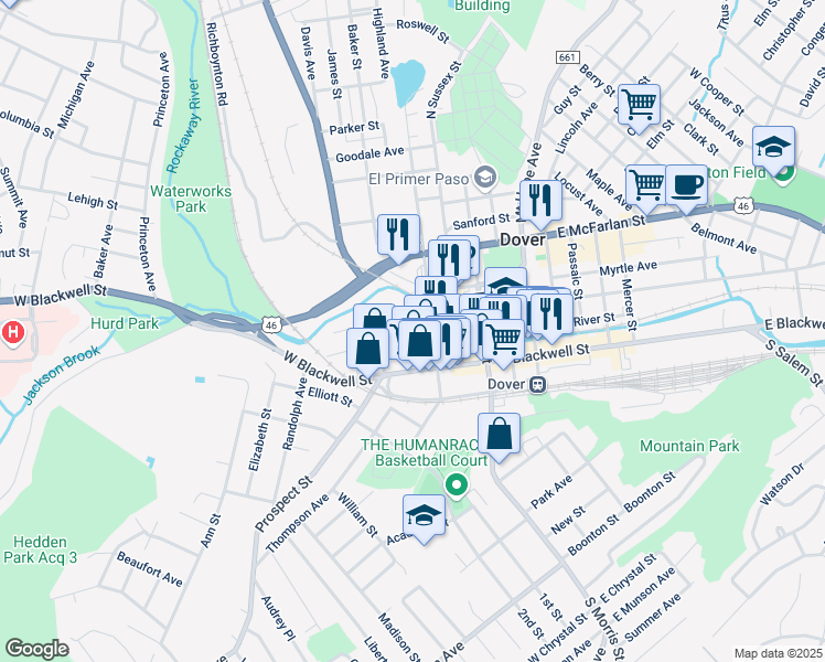 map of restaurants, bars, coffee shops, grocery stores, and more near 45 Bassett Highway in Dover