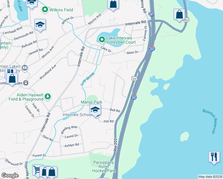 map of restaurants, bars, coffee shops, grocery stores, and more near 38 Woodcrest Road in Boonton