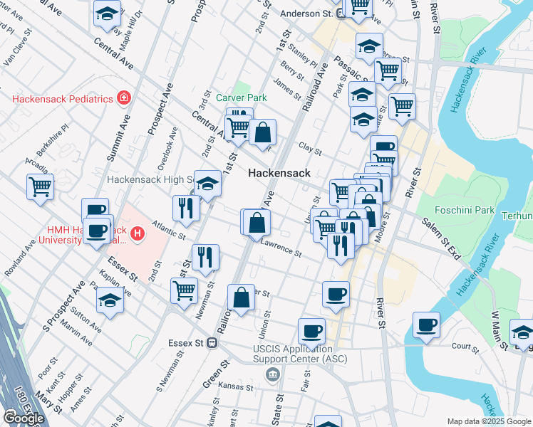 map of restaurants, bars, coffee shops, grocery stores, and more near 147 Gamewell Street in Hackensack
