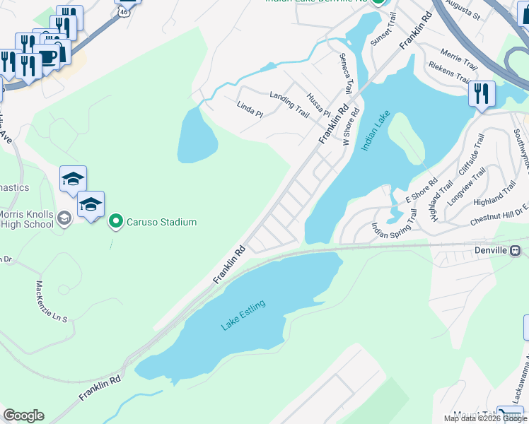 map of restaurants, bars, coffee shops, grocery stores, and more near 225 Franklin Road in Denville