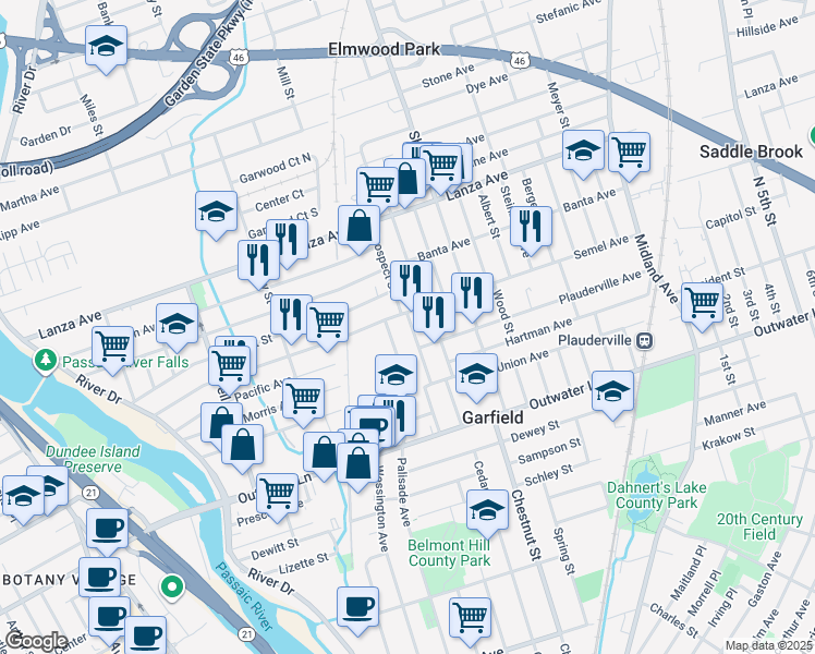 map of restaurants, bars, coffee shops, grocery stores, and more near 224 Semel Avenue in Garfield