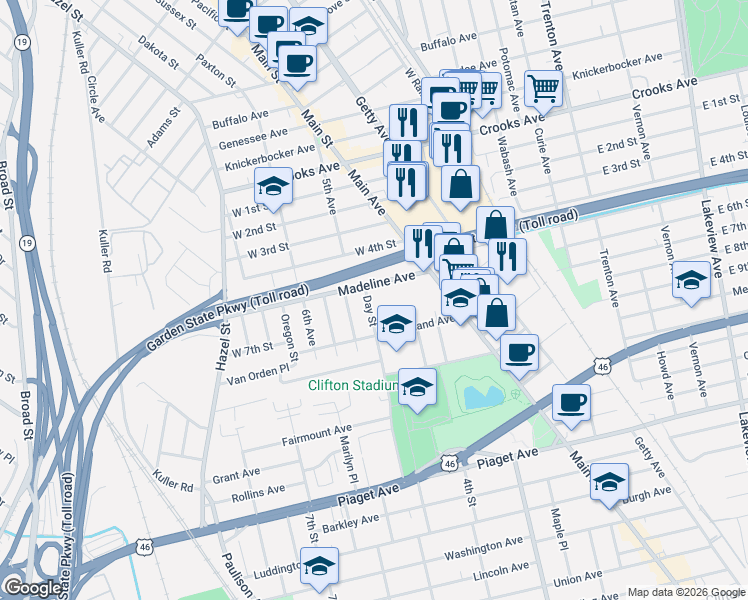 map of restaurants, bars, coffee shops, grocery stores, and more near 39 Madeline Avenue in Clifton