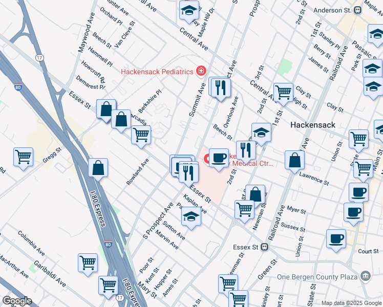 map of restaurants, bars, coffee shops, grocery stores, and more near 33 Prospect Avenue in Hackensack