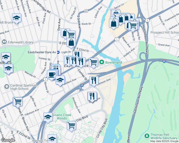 map of restaurants, bars, coffee shops, grocery stores, and more near 2345 Hollers Avenue in The Bronx