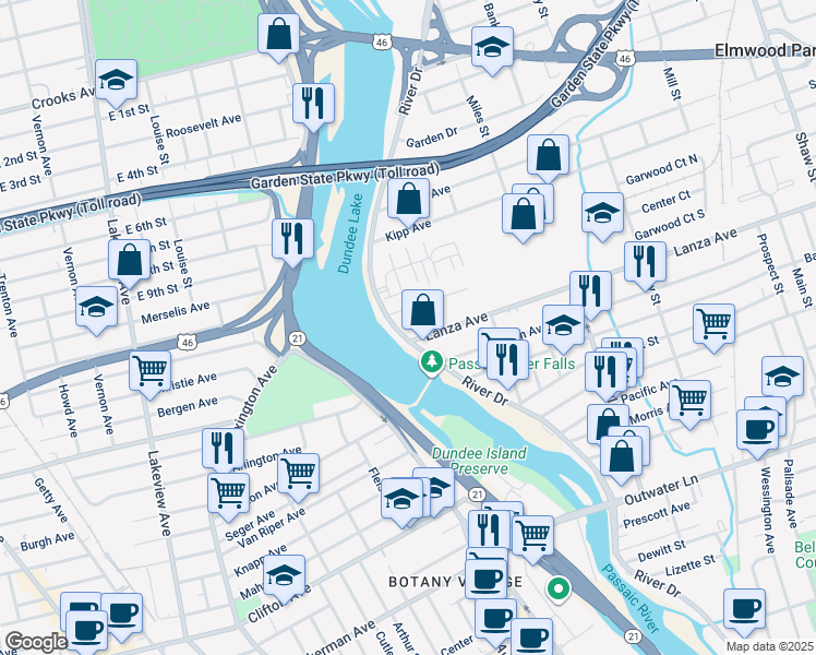 map of restaurants, bars, coffee shops, grocery stores, and more near 22 Cottage Place in Garfield