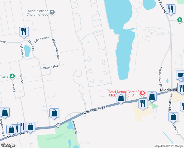 map of restaurants, bars, coffee shops, grocery stores, and more near 734 Birchwood Park Drive in Middle Island