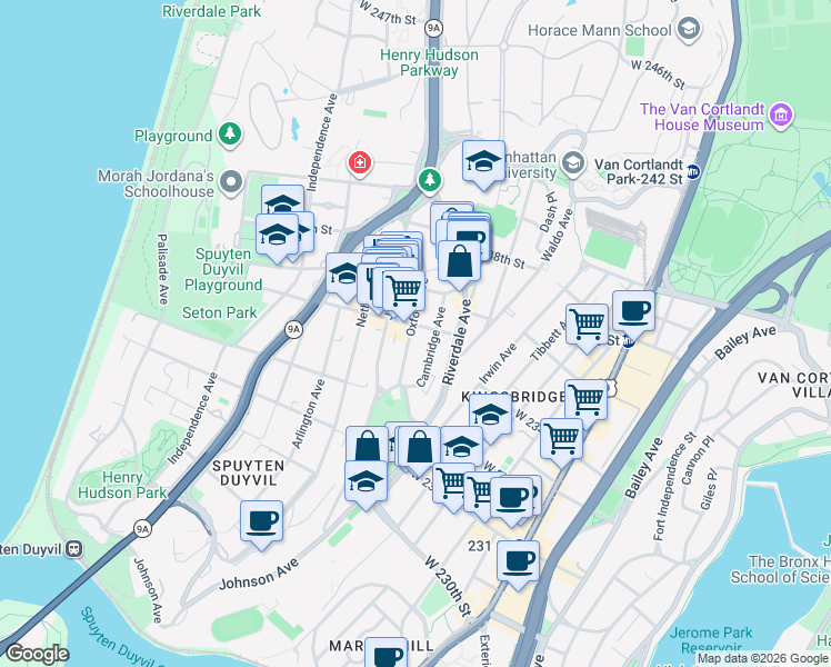 map of restaurants, bars, coffee shops, grocery stores, and more near 3282 Oxford Avenue in Bronx