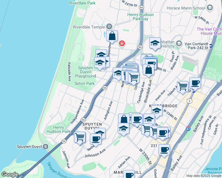 map of restaurants, bars, coffee shops, grocery stores, and more near in The Bronx