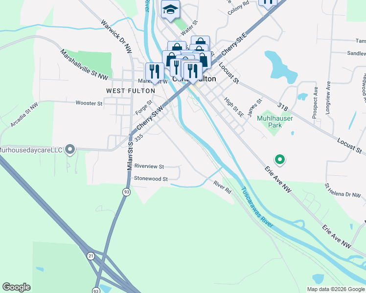 map of restaurants, bars, coffee shops, grocery stores, and more near 454 River Road in Canal Fulton