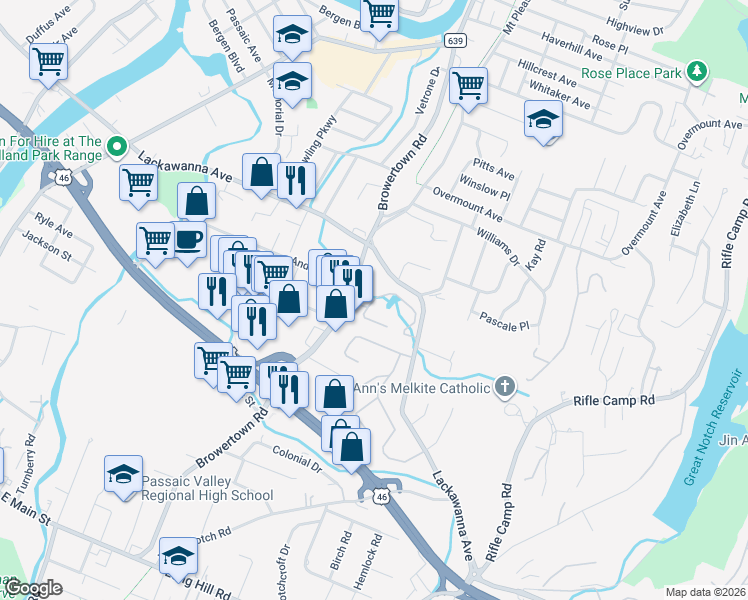 map of restaurants, bars, coffee shops, grocery stores, and more near 54 Mill Pond Road in Woodland Park