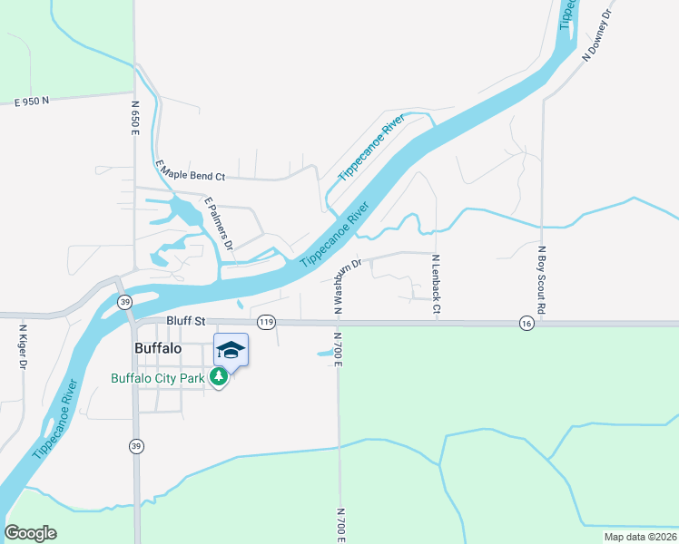 map of restaurants, bars, coffee shops, grocery stores, and more near North Washburn Drive in Monticello