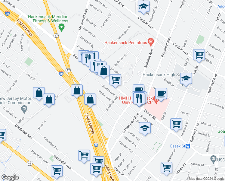 map of restaurants, bars, coffee shops, grocery stores, and more near 460 Kaplan Avenue in Hackensack