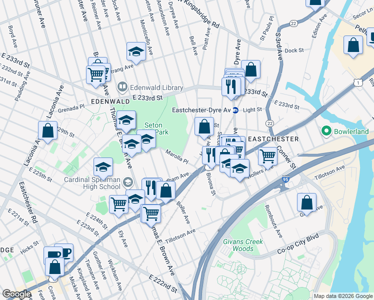 map of restaurants, bars, coffee shops, grocery stores, and more near 3628 Pratt Avenue in Bronx