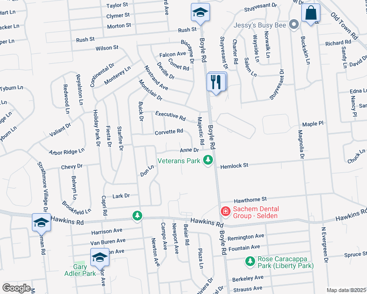 map of restaurants, bars, coffee shops, grocery stores, and more near 1 Pontiac Court in Selden