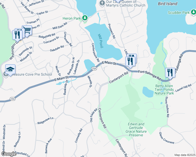 map of restaurants, bars, coffee shops, grocery stores, and more near 23 Blenheim Lane in Centerport