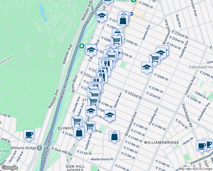 map of restaurants, bars, coffee shops, grocery stores, and more near in The Bronx
