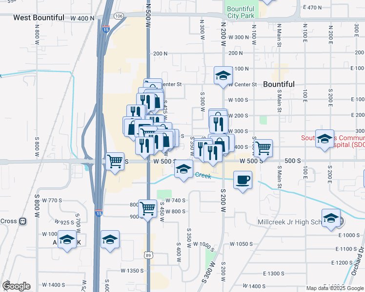 map of restaurants, bars, coffee shops, grocery stores, and more near 371 325 South in Bountiful