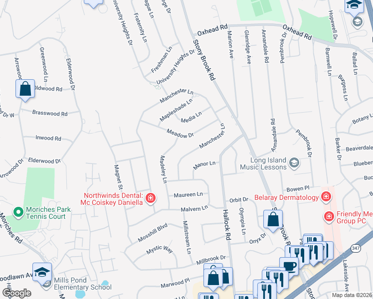 map of restaurants, bars, coffee shops, grocery stores, and more near 18 Manchester Lane in Stony Brook