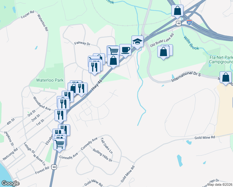 map of restaurants, bars, coffee shops, grocery stores, and more near 89 U.S. 46 in Mount Olive