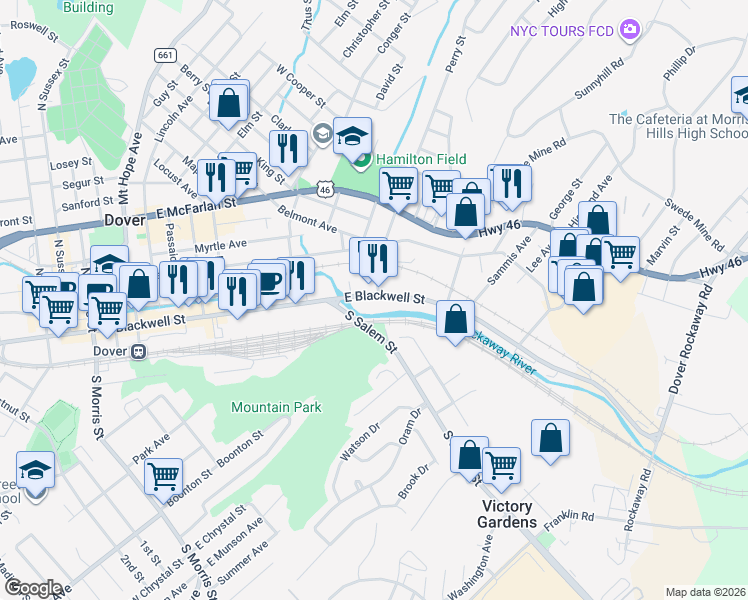map of restaurants, bars, coffee shops, grocery stores, and more near 260 East Blackwell Street in Dover