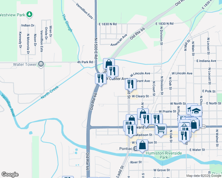 map of restaurants, bars, coffee shops, grocery stores, and more near 920 West Custer Avenue in Pontiac