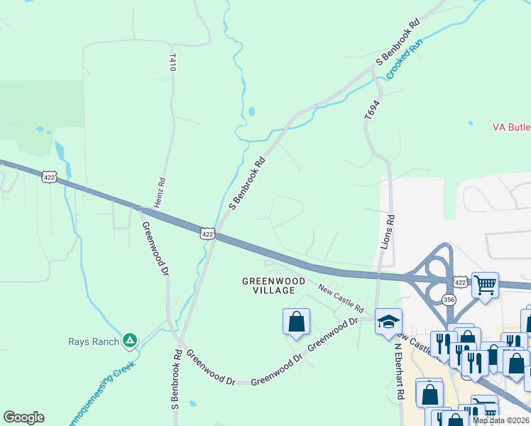 map of restaurants, bars, coffee shops, grocery stores, and more near 201 Wyncrest Drive in Butler