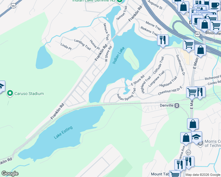 map of restaurants, bars, coffee shops, grocery stores, and more near 111 East Shore Road in Denville