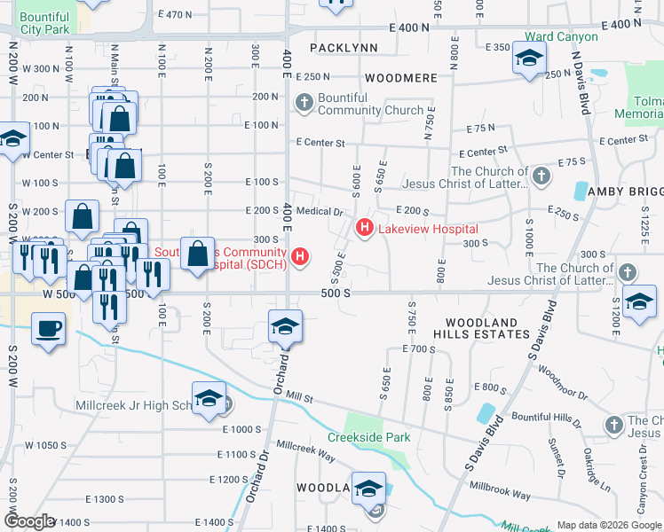 map of restaurants, bars, coffee shops, grocery stores, and more near 400 S 500 E in Bountiful
