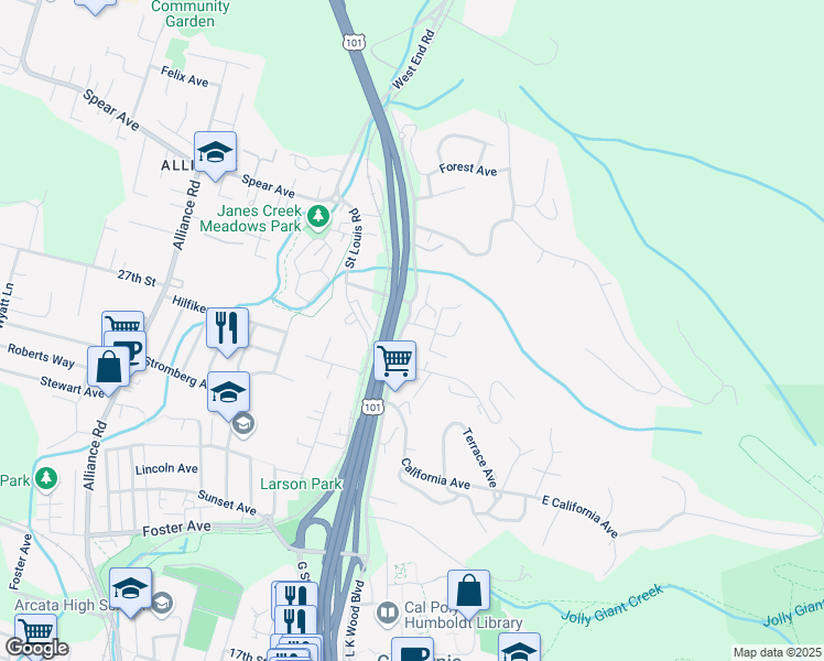 map of restaurants, bars, coffee shops, grocery stores, and more near 512 Ridge Road in Arcata