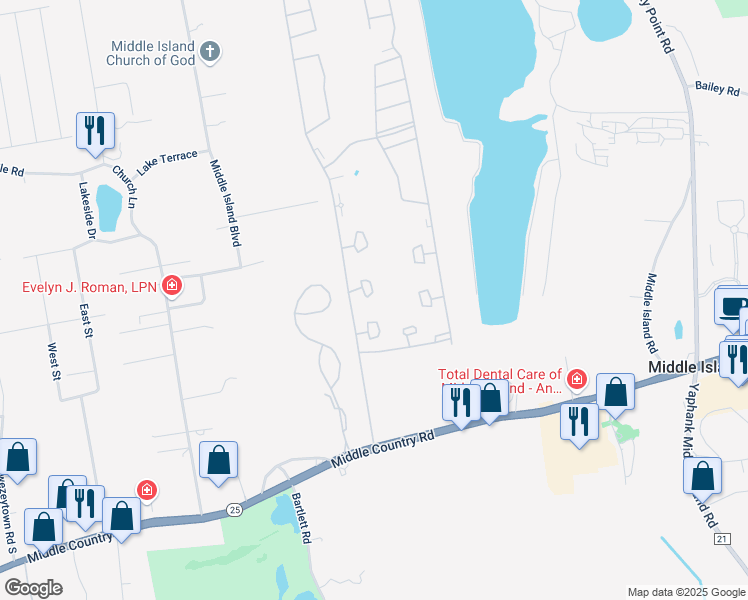 map of restaurants, bars, coffee shops, grocery stores, and more near 734 Birchwood Park Drive in Middle Island