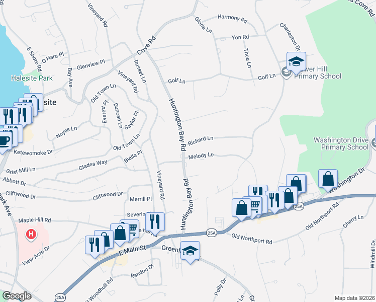 map of restaurants, bars, coffee shops, grocery stores, and more near 2 Richard Lane in Huntington