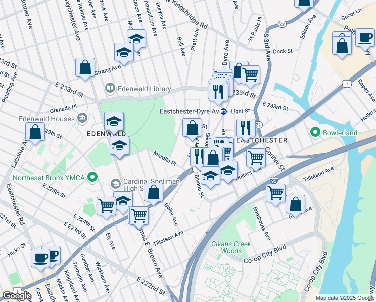 map of restaurants, bars, coffee shops, grocery stores, and more near 45 Harper Court in Bronx