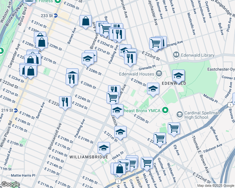map of restaurants, bars, coffee shops, grocery stores, and more near 1051 East 226th Street in Bronx