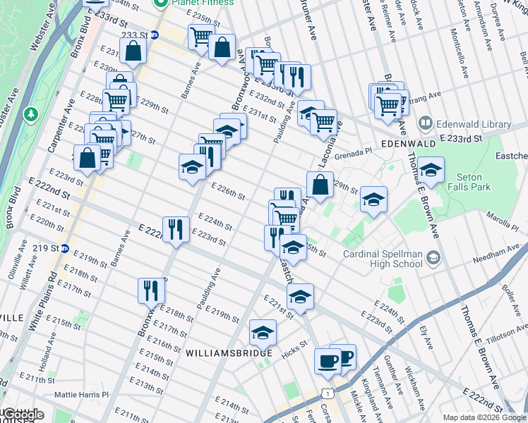 map of restaurants, bars, coffee shops, grocery stores, and more near 1014 East 226th Street in Bronx