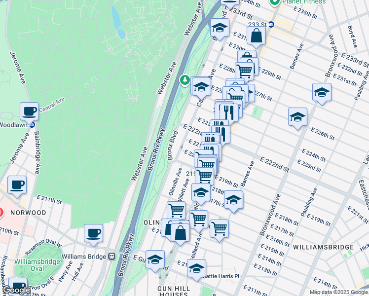 map of restaurants, bars, coffee shops, grocery stores, and more near 634 East 221st Street in Bronx