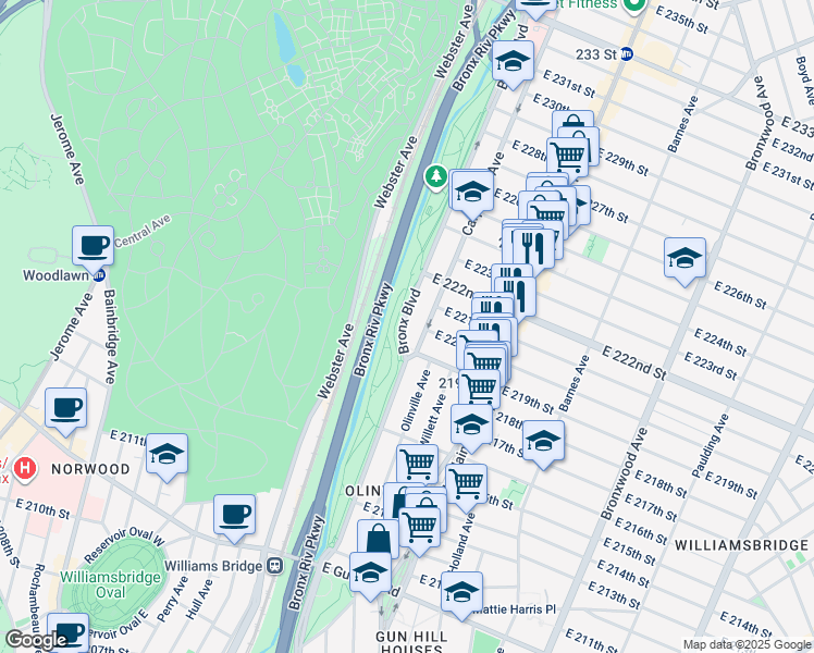 map of restaurants, bars, coffee shops, grocery stores, and more near in The Bronx