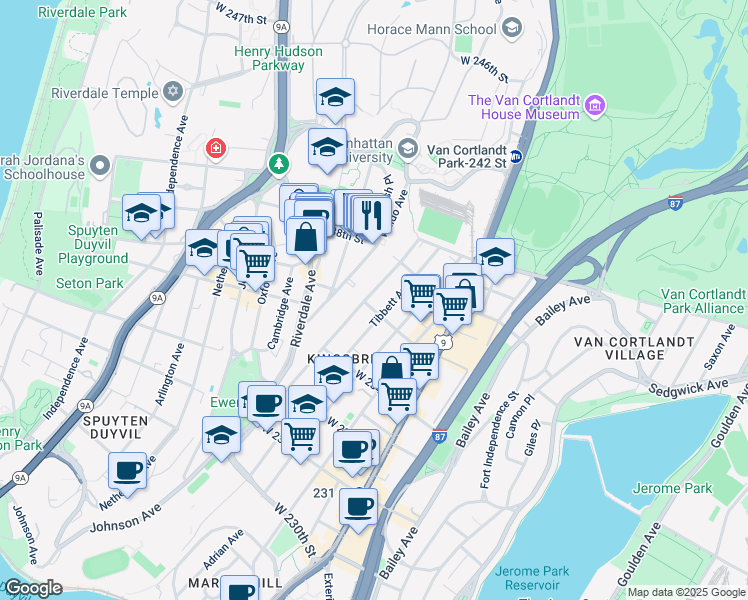map of restaurants, bars, coffee shops, grocery stores, and more near 409 West 236th Street in Bronx