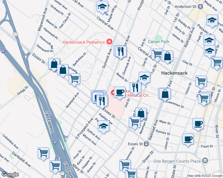 map of restaurants, bars, coffee shops, grocery stores, and more near 316 Atlantic Street in Hackensack